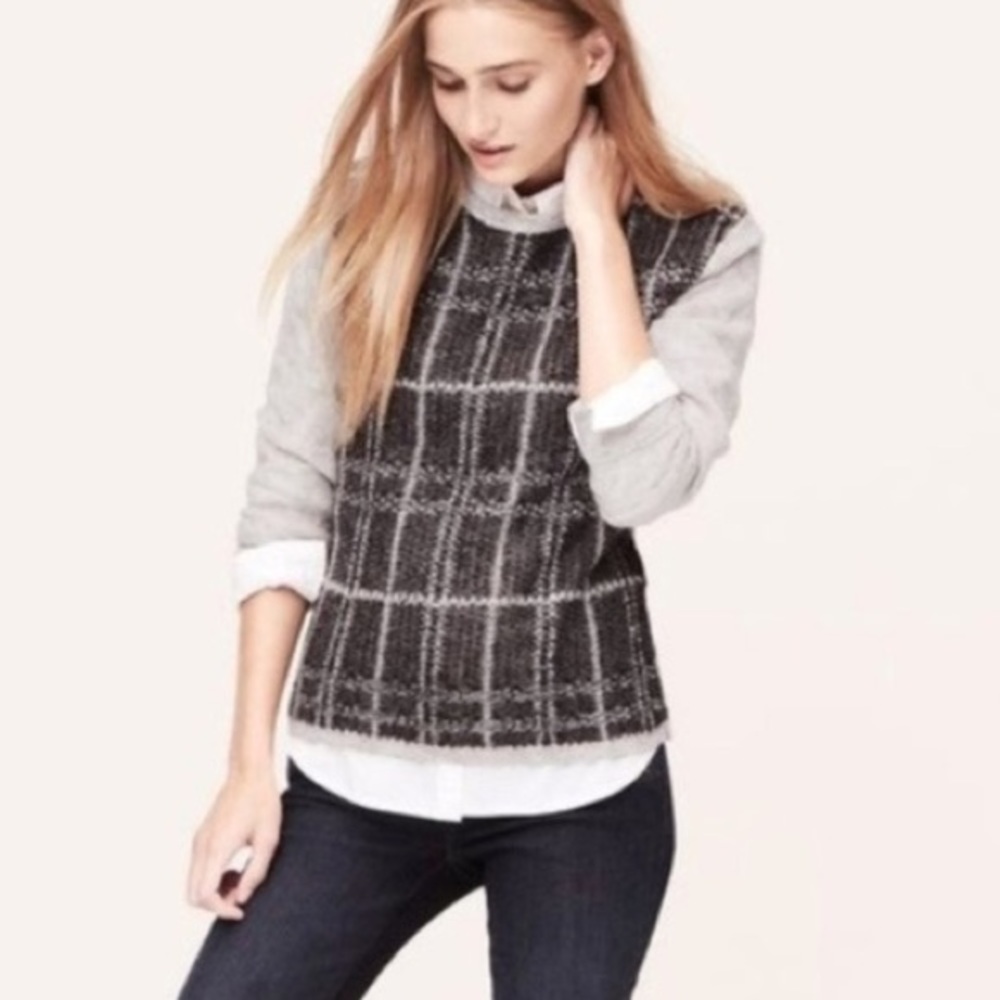 LOFT Gray Grid Mohair Fuzzy Sweater
